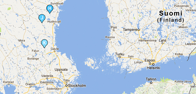 keskukset_kartalla J = Järvsö, H = Hassela, K = Kungsberget (kuva: google)